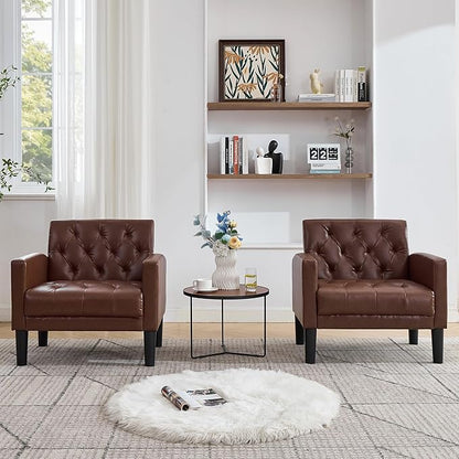 TYBOATLE Accent Chairs Set of 2 Comfy Living Room Chair Leather Tufted Mid Century Modern Accent Chair, Small Cozy Reading Arm Chair for Office, Bedroom (2, Brown)