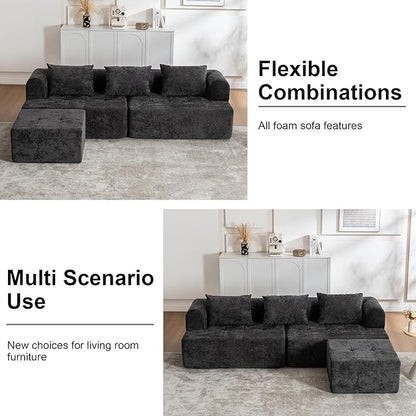 95" Modern Cloud Sectional Sofa Couch, Modular L-Shaped Sofas with Deep Seat and Chaise Ottoman, Chenille Boneless Tufted Couches for Living Room, No Assembly Required, Black