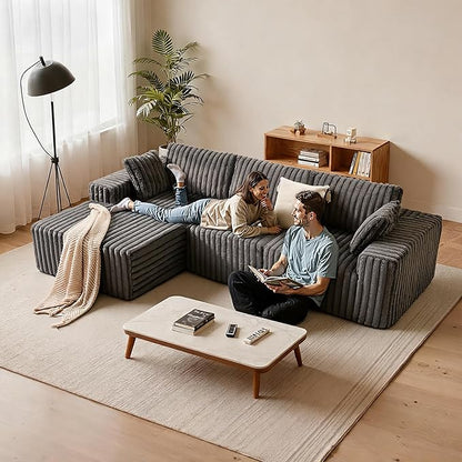 Apicizon 113" Modular Sectional Couch for Living Room, L Shaped Sectional Sofa Couch with Deep Seat, 3 Seat Boneless Sofa with Chaise Longue for Apartment，No Assembly Required (Plush Corduroy Gray)