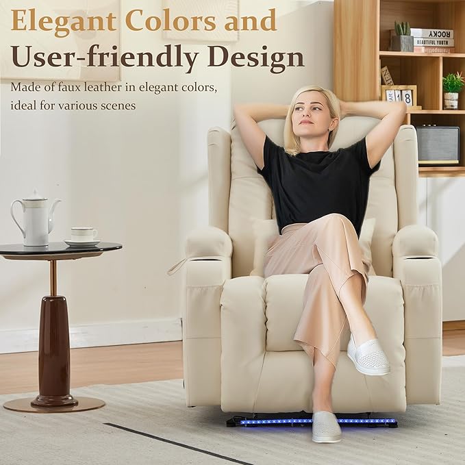 URRED Power Recliner Chair with Massage and Heat for Adults, Electric Reclining Sofa Home Theater Seating with Ambient Light, USB Ports, Cup Holders, Side Pockets, Pillow, Faux Leather (Beige)