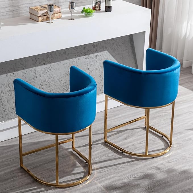 Contemporary Blue Velvet Bar Stools Set of 4, 24" Upholstered Fabric Counter Height Barstools Kitchen Counter Island Stools with Golden Metal Base