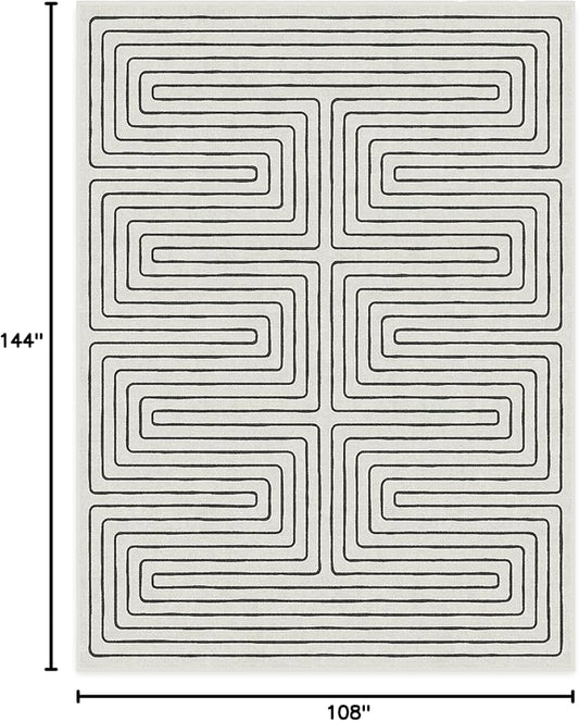 RUGGABLE x Jonathan Adler Machine Washable Modern Area Rug – Labyrinth Black/Ivory 9x12, Stain-Resistant, Non-Slip – Large Rugs for Living Room, Bedroom, Hallway, Entryway & Office–with Standard Pad
