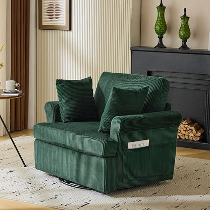 Karl home Swivel Accent Chair Set of 2, 39" Oversized Armchair W/2 Pillows and 4 Pockets,Modern Corduroy Barrel Chairs,Comfy Single Sofa for Living Room,Reading,Bedroom and Office-Dark Green