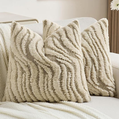 FUTEI Beige Decorative Throw Pillow Covers 22x22 Inch Set of 2,Soft Faux Fur Geometric Shapes Texture Cushion Case,Boho Home Decor for Couch Bed Living Room
