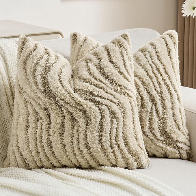 FUTEI Beige Decorative Throw Pillow Covers 20x20 Inch Set of 2,Soft Faux Fur Geometric Shapes Texture Cushion Case,Boho Home Decor for Couch Bed Living Room