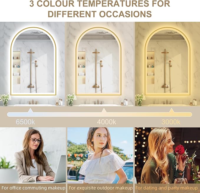 S'bagno 24x36 Arched Gold LED Mirror for Bathroom with Frontlit & Backlit, LED Bathroom Mirror with Metal Frame, Anti-Fog, Stepless Dimmable, 3 Color Temperature Vanity Mirror