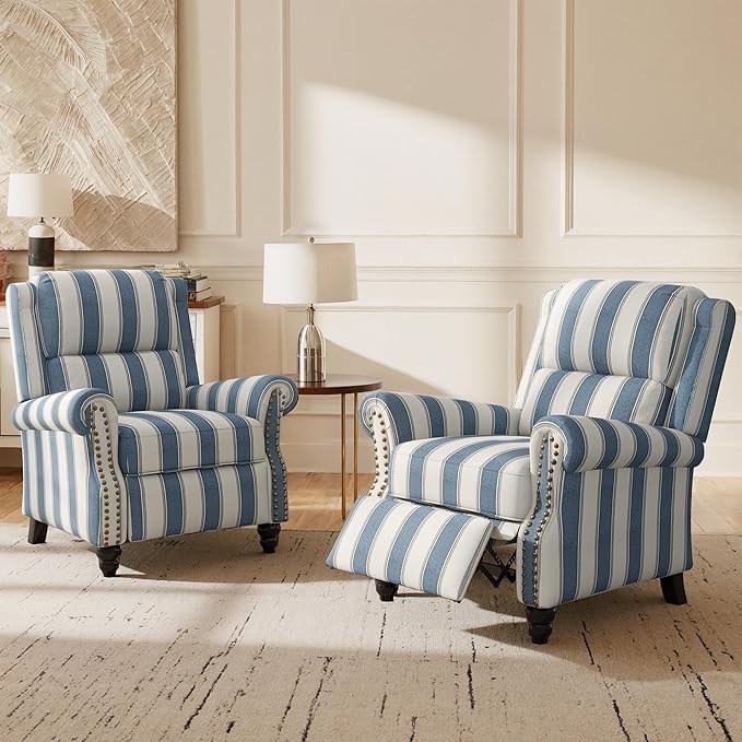 Lumibee Recliner Chairs, 2 Set Pushback Armchairs for Small Spaces,Adjustable Backrest & Footrest Accent Chairs in Comfy Fabric for Living Room, Bedroom-Striple Navy