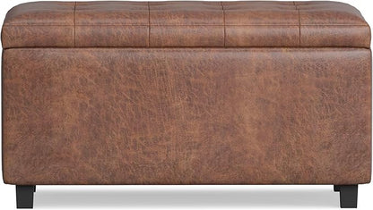 SIMPLIHOME Cosmopolitan Storage Ottoman - 34 inch Wide Upholstered Vegan Leather Rectangle Storage Ottoman Bench in Distressed Saddle Brown, Transitional Tufted Ottoman for Entryway with Lift-Up Lid