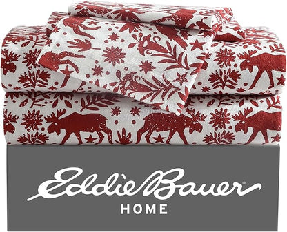 Eddie Bauer 4 Pc Flannel Sheets King Size - 100% Cotton Breathable & Soft King Size Sheets Set (1 Flat, 1 Flannel Fitted Sheet, 2 Pillowcases) - 15" Deep Pocket All Seasons Sheet Set (Arcadia Red)