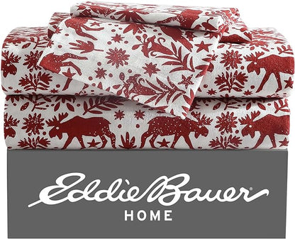 Eddie Bauer 4 Pc Flannel Sheets Full Size - 100% Cotton Breathable & Soft Full Size Bed Sheets Set (1 Flat, 1 Flannel Fitted Sheet, 2 Pillowcases) - 15" Deep Pocket All Seasons Sheet Set (Arcadia Red)