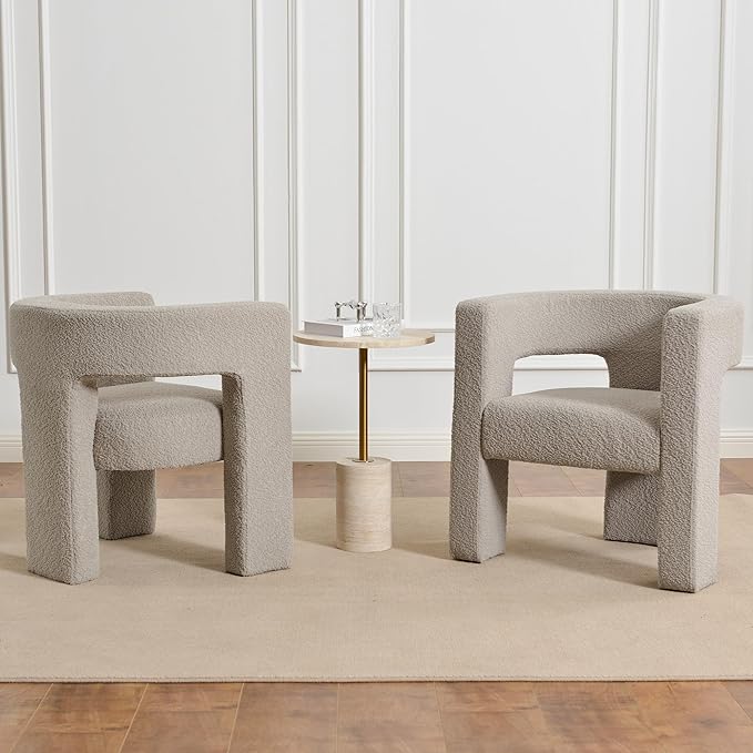 KINWELL 28" W Boucle Accent Chair Armchairs Set of 2, Upholstered Square Open-Back Barrel Chair, No Assembly Side Chair ArmChairs for Living Room Bedroom Lounge (Oatmeal)