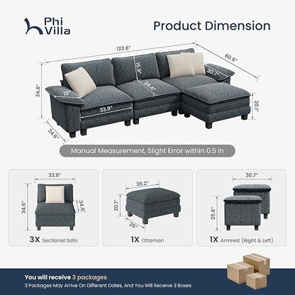 PHI VILLA Cloud Modular Couch Sets, 123.6" Sectional Sofa with L-Shaped Chaise, 4-Seater Upholstered Couches with Movable Ottoman for Living Room, Chenille Fabric, Dark Cyan
