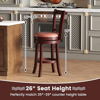 COSTWAY Barstools Set of 2, Faux Leather Upholstered Bar Stools with High Backs and Footrests, Armless Kitchen Island Dining Chairs with Solid Wood Legs, Cappuccino (2, 26'' Seat Height)