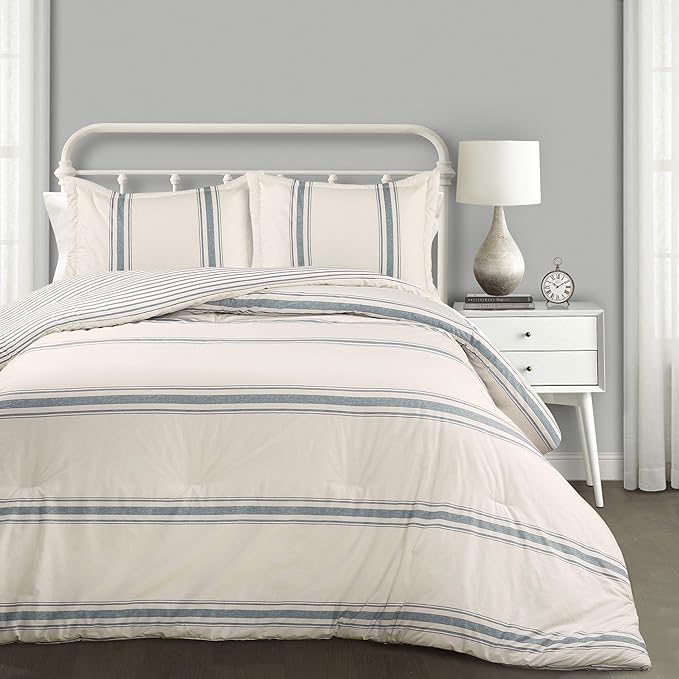Lush Decor Farmhouse King Size Comforter Set, Reversible Cotton, 3 Piece Set, California King, Blue - Cozy Bedding - Rustic Decor - Modern Farmhouse Bedroom Decor