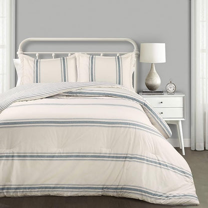 Lush Decor Farmhouse King Size Comforter Set, Reversible Cotton, 3 Piece Set, California King, Blue - Cozy Bedding - Rustic Decor - Modern Farmhouse Bedroom Decor