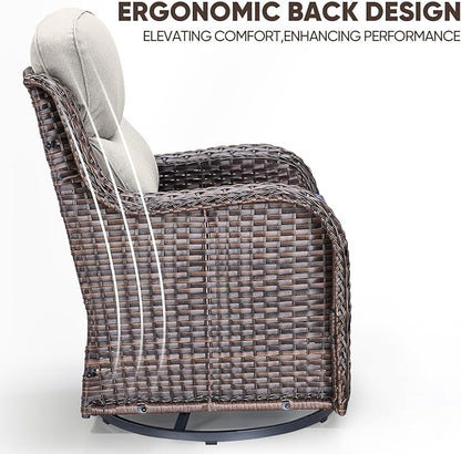 Swivel Patio Chairs Set of 3 with 6" Thick Cushion - Wicker Outdoor Swivel Rocker Patio Chairs with Side Table, High Back Comfortable Outdoor Glider Chair - Brown Wicker | Beige Cushions