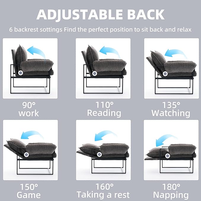 Xifan Modern Comfy Reclining Chair with 6 Angle Adjustable Backrest, Upholstered Accent Chair Fabric Living Room Lounge Chair for Reading Room - Gray, Set of 2
