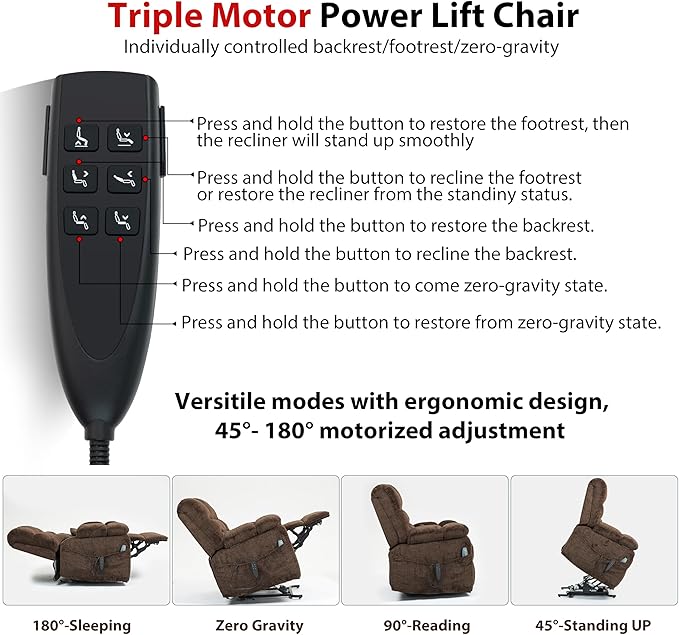 Oversized Zero Gravity Power Lift Recliner Chair for Elderly Adults Big Man Electric Lay Flat Recliner Triple Motor with Heat and Massage, Adjustable Seat Height, Arm Storage, Cup Holder