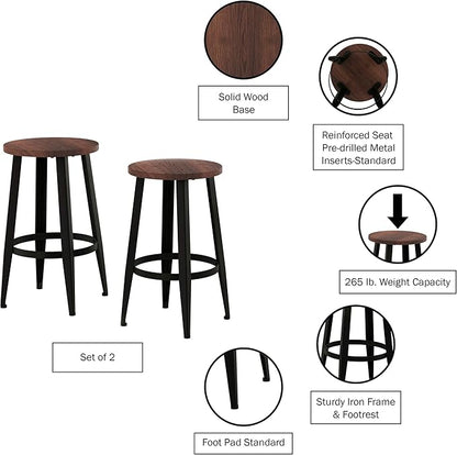 Lavish Home Set of 2 Counter-Height Bar Stools – Modern Backless Seating Set with Metal Bases and Wood Seats for Kitchens or Dining Rooms (Brown)