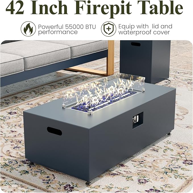 LayinSun 4 Pieces Aluminum Patio Furniture Set with Fire Pit Table, Oversized Seat with Hight Back, Outdoor Conversation Sets for Porch, Balcony, Deck