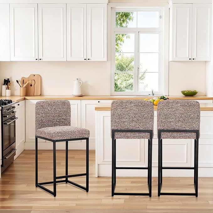 ALPHA HOME 24" Bar Stools Set of 4 Kitchen Counter Stools with Back, Counter Height Stools with Upholstered Footrest for Kitchen Island, Metal Steel Frame, Chenille, Brown