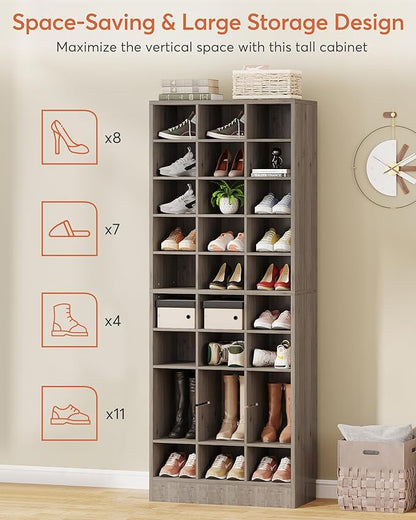 Tribesigns 10-Tier Shoe Storage Cabinet, Gray Wooden Shoe Rack with 30 Cubbies, Freestanding Tall Entryway Shoe Organizer for Closet, Entryway, Living Room