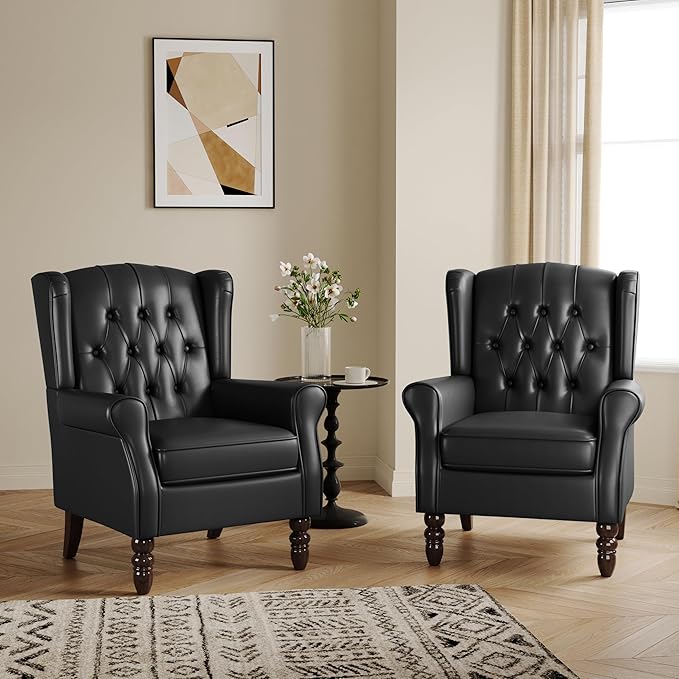 Lumibee High Back Accent Chairs Set of 2,Upholstered Faux Leather Wingback Armchairs with Solid Wood Legs for Small Spaces,Comfy Single Sofa Chairs for Living Room,Bedroom-Carbon Black