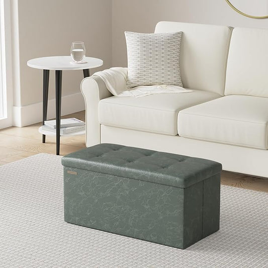 SONGMICS Mazie Collection - 30 Inches Folding Storage Ottoman Bench, Ottoman with Storage, Foot Rest Stool, Load 660 lb, for Living Room, Synthetic Leather, Forest Green ULSF040C01