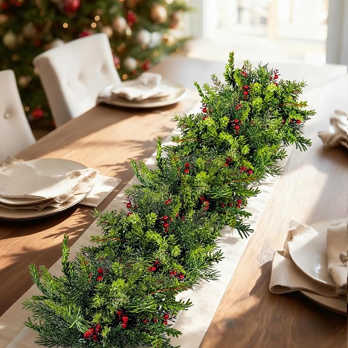 2PCS Christmas Artificial Pine Needles Branches Table Decor with Red Berry Pine Cones Greenery Stems Christmas Artificial Greenery Floral Arrangements for Garland Wreath