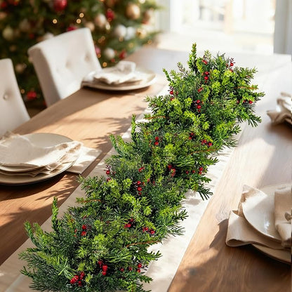 2PCS Christmas Artificial Pine Needles Branches Table Decor with Red Berry Pine Cones Greenery Stems Christmas Artificial Greenery Floral Arrangements for Garland Wreath