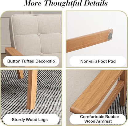 KCC Mid-Century Modern Linen Fabric Accent Chair, Upholstered Tufted Leisure Chair Comfy Reading Side Chair with Armrest and Solid Wood Frame for Living Room Bedroom Balcony(Beige)