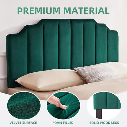 King Upholstered Headboard, Velvet Tufted Headboard only, Elegantly Curved King Size Headboards only, Modern Vertical Channel Design Bed Headboards, Dark Green