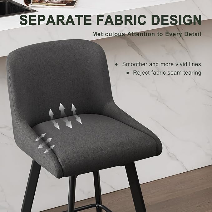 Swivel Counter Height Bar Stools Set of 2, 30''H Upholstered Barstools with Backs, Modern Bar Stool Chairs for Kitchen Island, Metal Legs, Fabric, Black Grey Stools Counter Chair