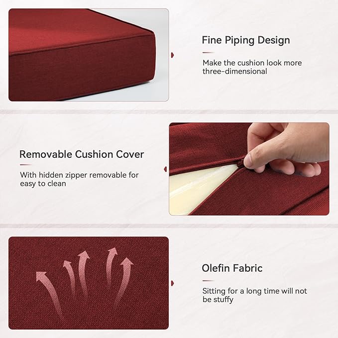 Luxury 6" Outdoor Cushions for Patio Furniture, 24x24x6" Thick Seat Cushion Set of 5, Fade Resistant Couch Chair Replacement Cushions High Density Deep Wicker Chair Cushion w/ Removable Cover, Red