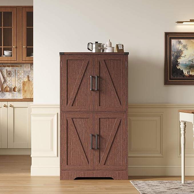 Treocho Bathroom Floor Cabinet, Farmhouse Bathroom Storage Cabinet with Doors and Adjustable Shelves, Freestanding Kitchen Pantry Cabinet, Cupboard for Living Room, Dining Room, Walnut