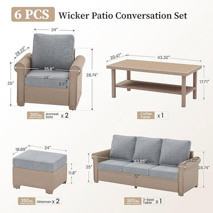 Patio Furniture Set 6 pcs, Wicker Rattan Outdoor Furniture with 5.5” Thick Cushions, 3-Seat Sofa, 2 Chairs, 2 Ottomans and Coffee Table, Outdoor Conversation Set for Garden Backyard Deck, 7 Seats Grey