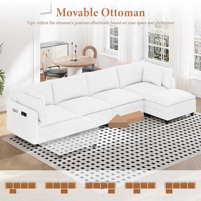 Vesgantti 143" L Shaped Modular Sectional Sofa, Comfy Corduroy Upholstered Modular Sectional Couches for Living Room, Modern Cloud Couch with Ottoman Deep Seat, Warm White
