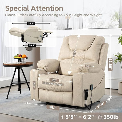 25''Oversized Recliner Chair/Lift Chair, Power Lift Recliner Chair for Elderly, Electric Recliner Chairs for Adults with Massage and Heat, Double Motor Lay Flat Recliner with Cup Holder, Side Pocket