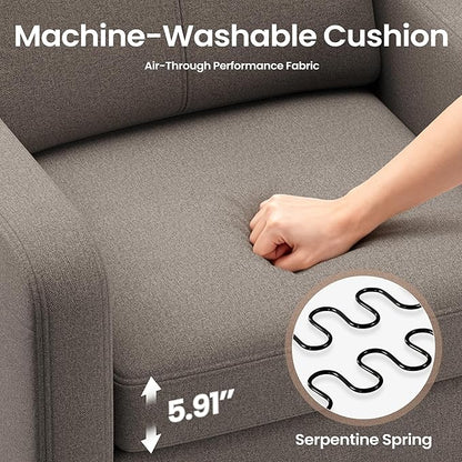 Accent Chair for Living Room Modern Linen Upholstered Armchair Side Wooden Fabric Sofa Chair with Foldable Table 2 Side Pockets Comfy Reading Chair for Bedroom