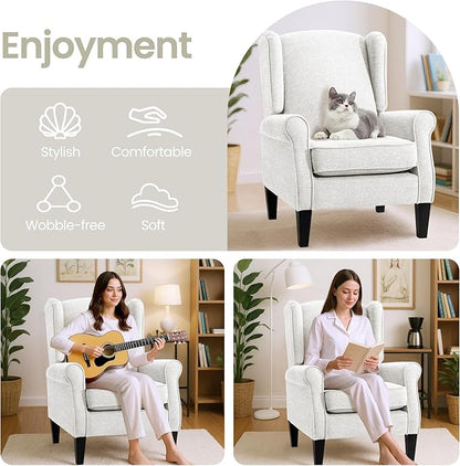 Accent Chairs for Living Room, Beige Fabric Reading Chair for Bedroom, Classic Wing Back Upholstered Single Sofa Seat, Modern Ergonomic High Back Armchair, Sillones para Sala