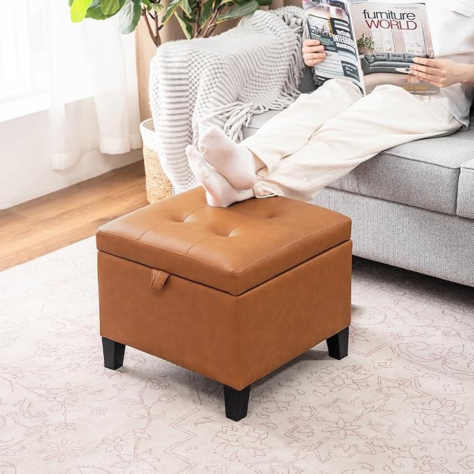 Asense 17 Inch Storage Ottoman Foot Rest,Square Faux Leather Foot Stool,Small Ottoman with Storage,Padded Seat for Entryway,Living Room,Bedroom,Couch,Under Desk,Cognac Brown