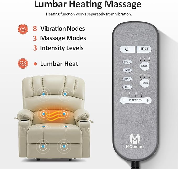 MCombo Oversized Power Lift Recliner Chair for Elderly, Lift Chair with Heat and Massage, Lift Recliner for Big and Tall, Cup Holders, USB &Type C Ports, Faux Leather R7092 (Cream White, Oversize)