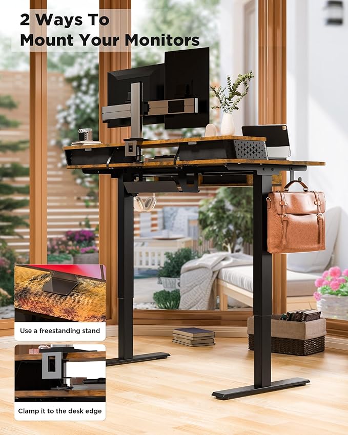 FiCiHi Adjustable Height Standing Desk with 4 Drawers,48 x 24 inches Electric Sit Stand Home Office Desk with Two Tiers, 3 Memory Presets, Monitor Stand Riser