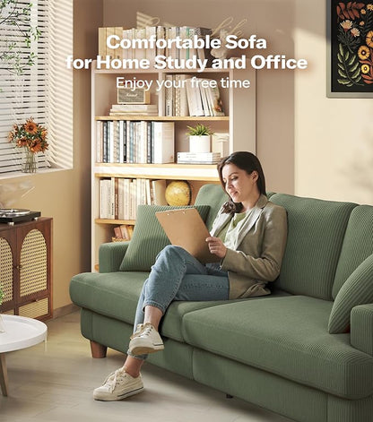 87in Corduroy Couch, Kidirect Sofa No Tool Assembly, Comfy Couches for Living Room 21in Deeper Seats, Corduroy Sofas for Living Room with 2 Pillows, Oversized Loveseat Sofa, Boho Love Seat Green Couch