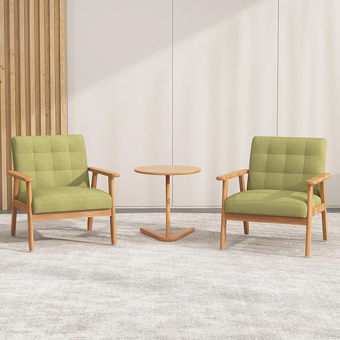 KCC Mid-Century Modern Linen Fabric Accent Chair, Upholstered Leisure Chair Comfy Reading Side Chair with Armrest and Solid Wood Frame for Living Room Bedroom Balcony(Green)