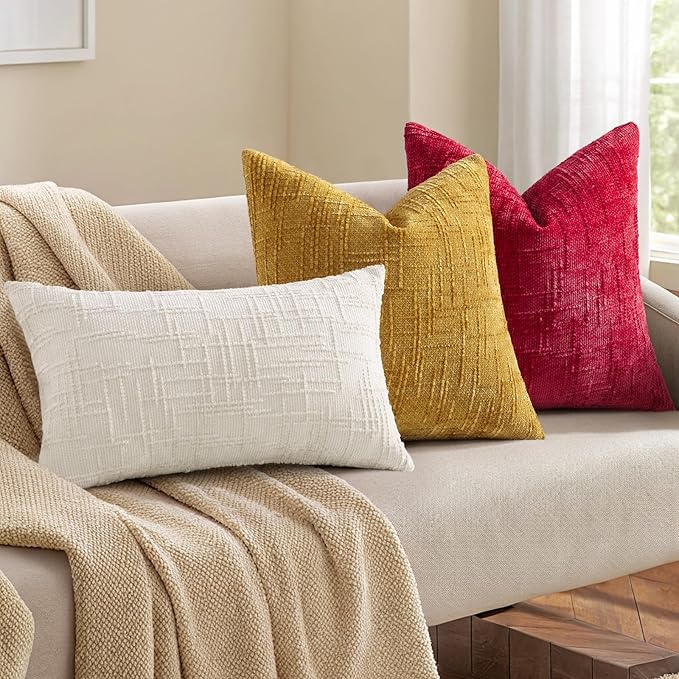 decorUhome Christmas Red Chenille Throw Pillow Covers 22x22 Set of 2 Thick Textured Slubby Couch Pillow Covers Farmhouse Accent Modern Neutral Decorative Pillow Cases for Bed Sofa Living Room