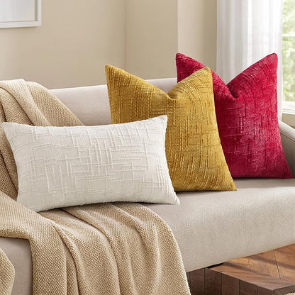 decorUhome Christmas Red Chenille Throw Pillow Covers 22x22 Set of 2 Thick Textured Slubby Couch Pillow Covers Farmhouse Accent Modern Neutral Decorative Pillow Cases for Bed Sofa Living Room