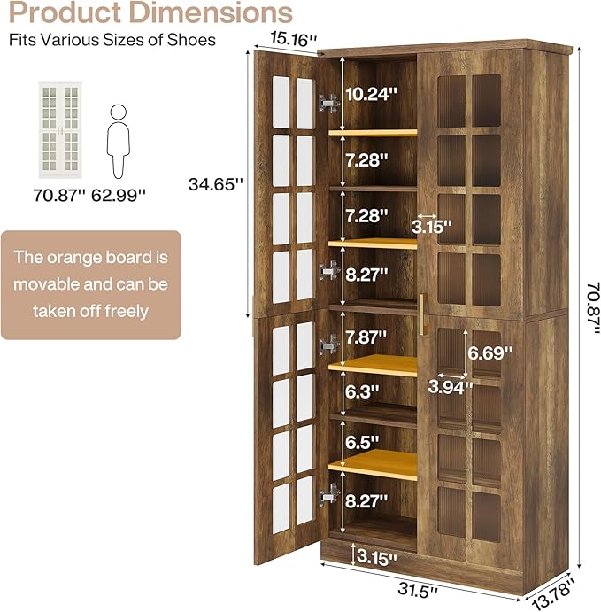 Tribesigns 71-Inch Tall Shoe Cabinet with Doors, 8-Tier Shoe Storage with Adjustable Shelves, Modern Shoe Organizer Shoe Rack Cabinet for Entryway, Hallway, Closet, Living Room, Rustic Brown