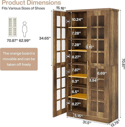 Tribesigns 71-Inch Tall Shoe Cabinet with Doors, 8-Tier Shoe Storage with Adjustable Shelves, Modern Shoe Organizer Shoe Rack Cabinet for Entryway, Hallway, Closet, Living Room, Rustic Brown