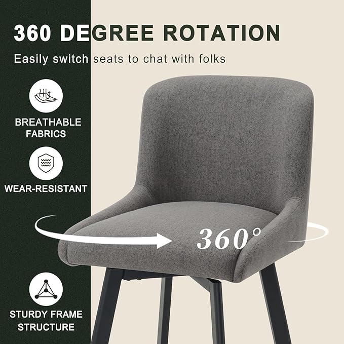 Swivel Counter Height Bar Stools Set of 3, 26''H Upholstered Barstools with Backs, Modern Bar Stool Chairs for Kitchen Island, Metal Legs, Fabric, Gray Stools Counter Chair